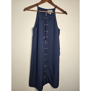 [Chic] Skies Are Blue Lace Up Shift Dress Womens Small Navy Blue Halter Mini